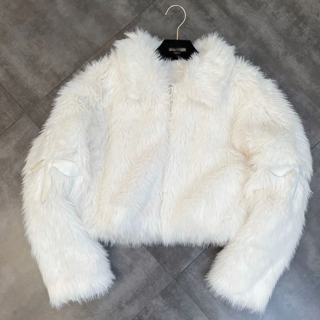 2023 Winter Women Jacket Lapel Long Sleeve Patch PU Cross Fur Cotton Coat