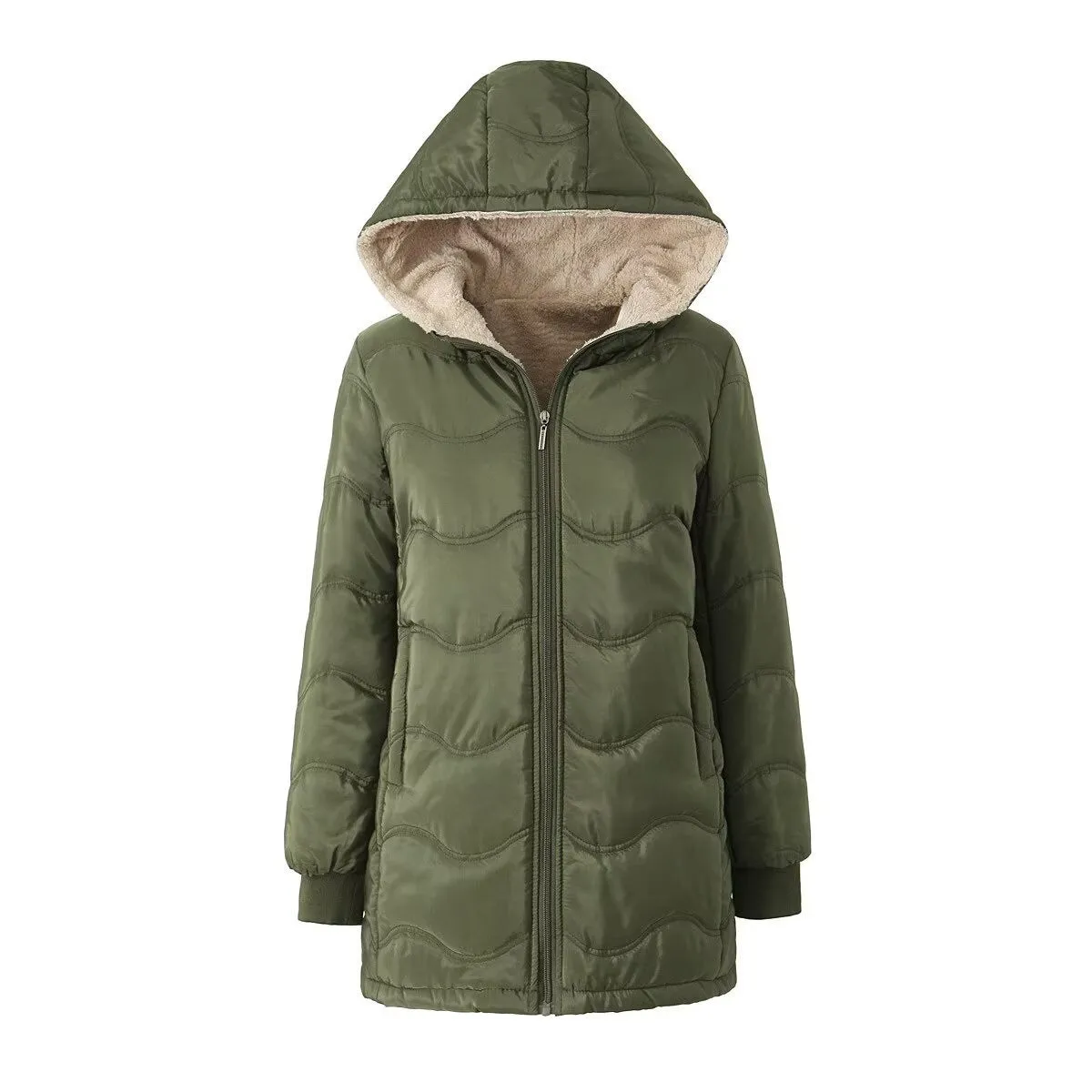 Autumn and winter new European and American geometric wave hooded medium and long loose velvet warm cotton-padded clothes imitation lamb wool women's cotton-padded jacket