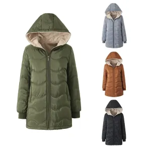 Autumn and winter new European and American geometric wave hooded medium and long loose velvet warm cotton-padded clothes imitation lamb wool women's cotton-padded jacket