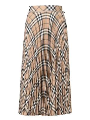 Beige Checked Pleated Midi Skirt