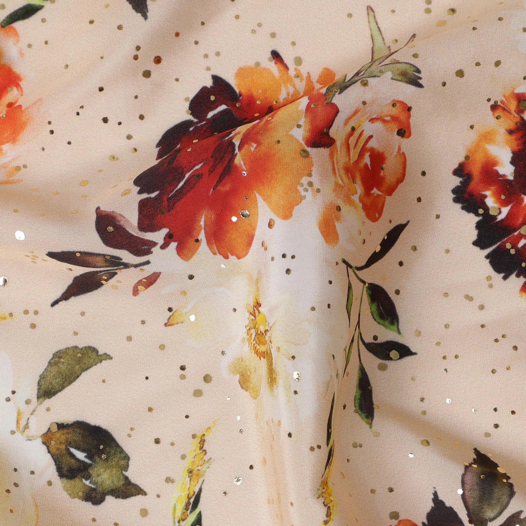 Beige Indian Viscose Crepe Fabric with Foil, Red & Orange Floral Print, 110 cm Width-D20922