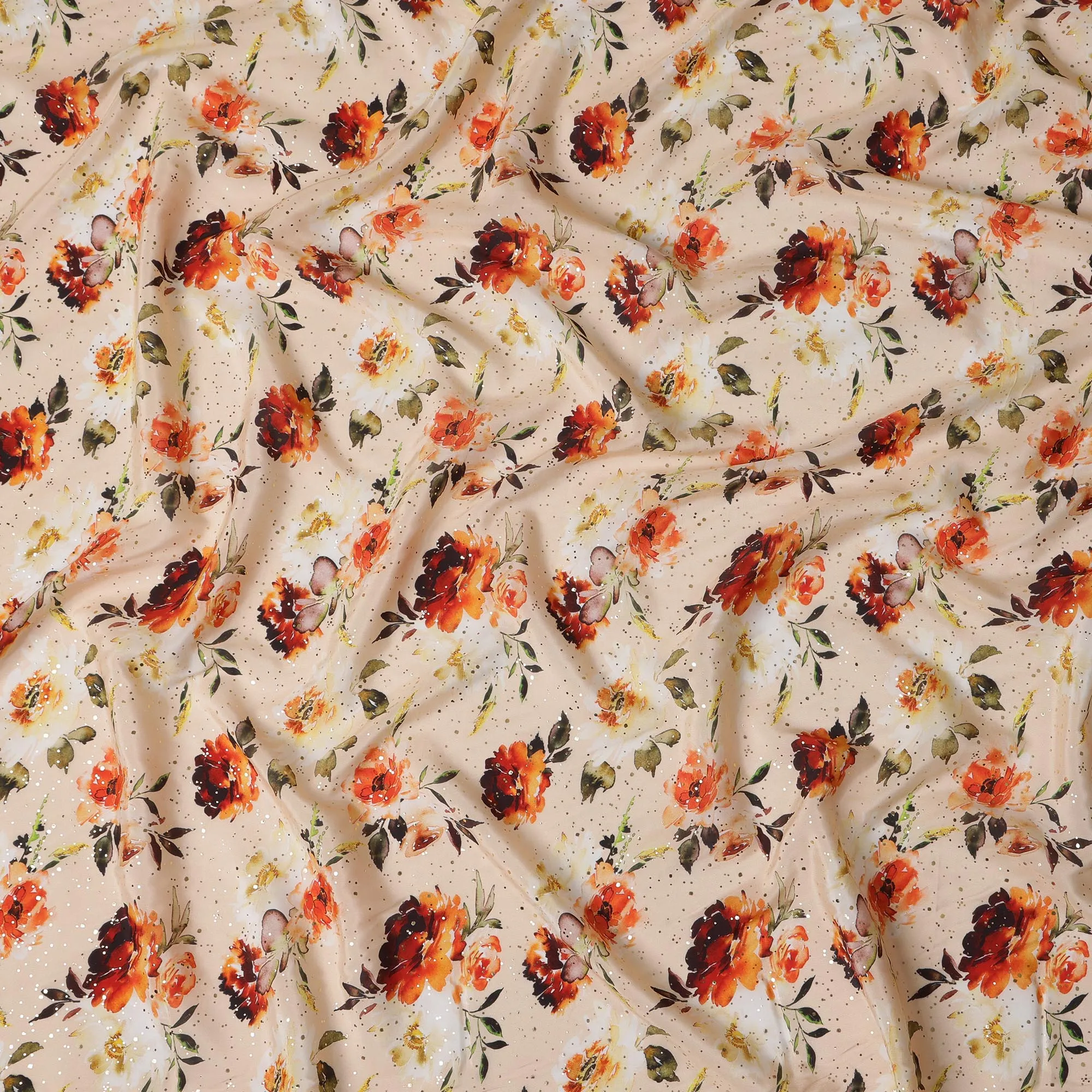 Beige Indian Viscose Crepe Fabric with Foil, Red & Orange Floral Print, 110 cm Width-D20922