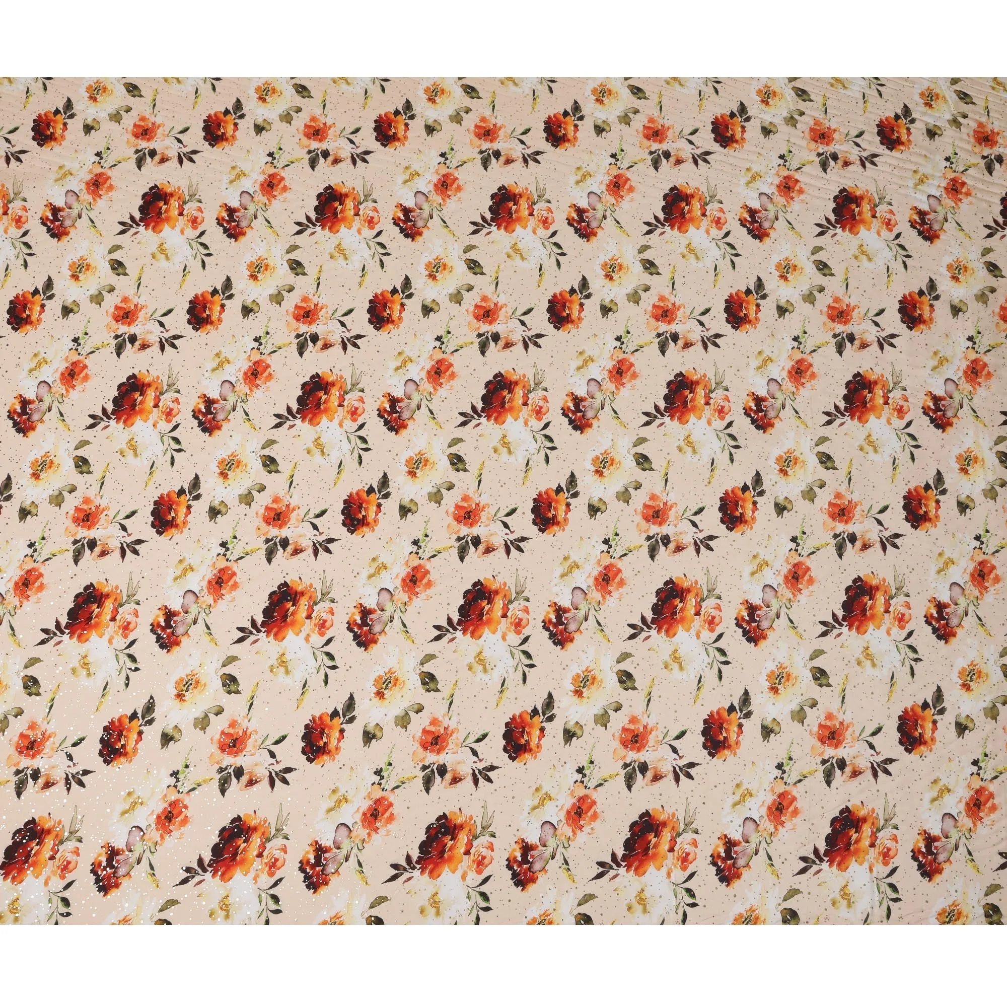 Beige Indian Viscose Crepe Fabric with Foil, Red & Orange Floral Print, 110 cm Width-D20922