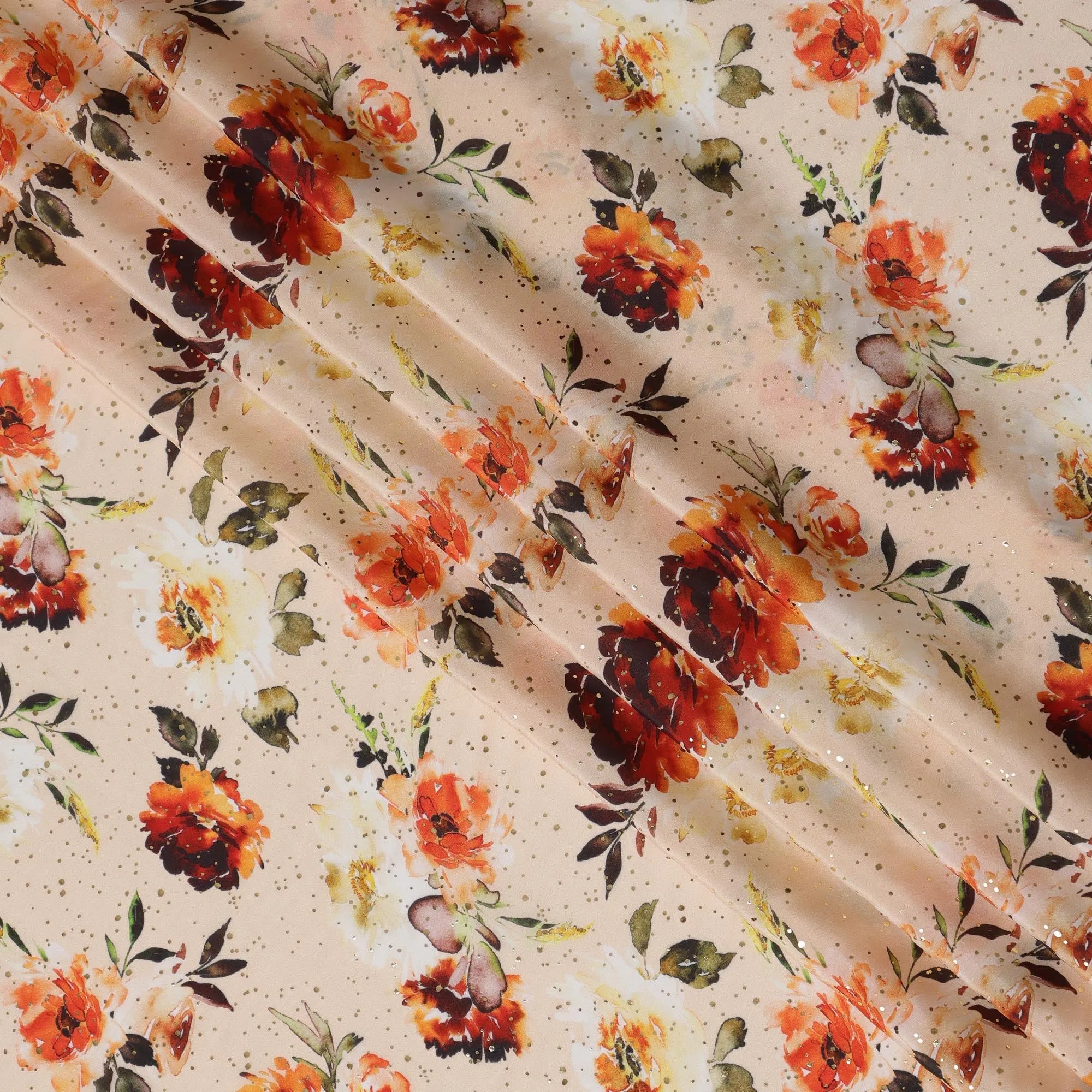 Beige Indian Viscose Crepe Fabric with Foil, Red & Orange Floral Print, 110 cm Width-D20922