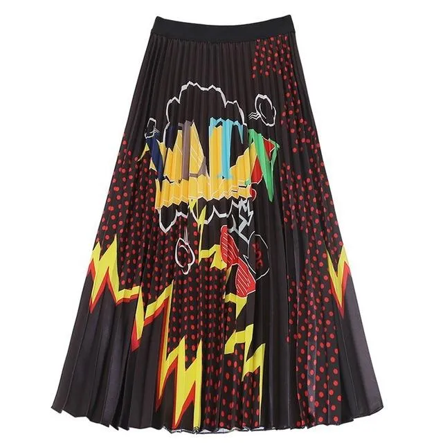 Cartoon Pleated Summer Skirts Womens 2020 New Fashion Print High Waist Elastic Long Skirt for Women Faldas Mid-Calf High Street