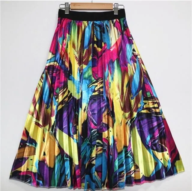 Cartoon Pleated Summer Skirts Womens 2020 New Fashion Print High Waist Elastic Long Skirt for Women Faldas Mid-Calf High Street