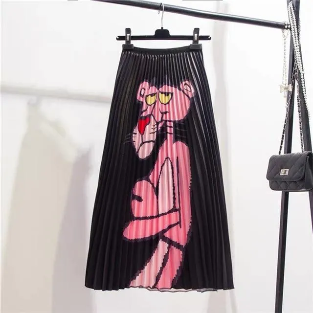 Cartoon Pleated Summer Skirts Womens 2020 New Fashion Print High Waist Elastic Long Skirt for Women Faldas Mid-Calf High Street