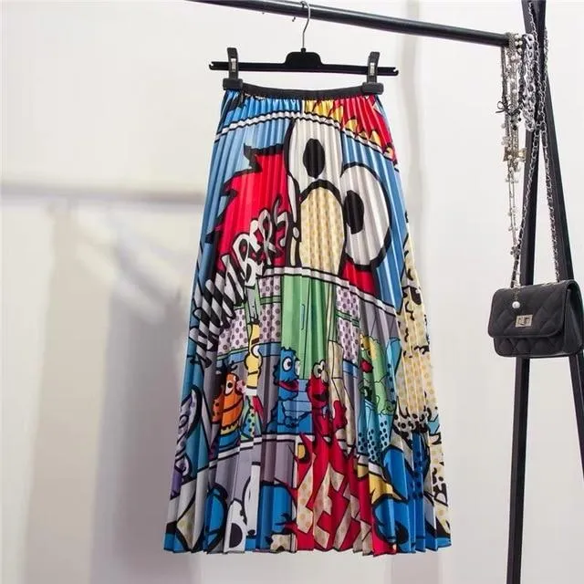 Cartoon Pleated Summer Skirts Womens 2020 New Fashion Print High Waist Elastic Long Skirt for Women Faldas Mid-Calf High Street