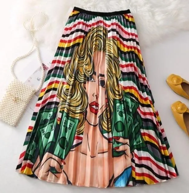 Cartoon Pleated Summer Skirts Womens 2020 New Fashion Print High Waist Elastic Long Skirt for Women Faldas Mid-Calf High Street