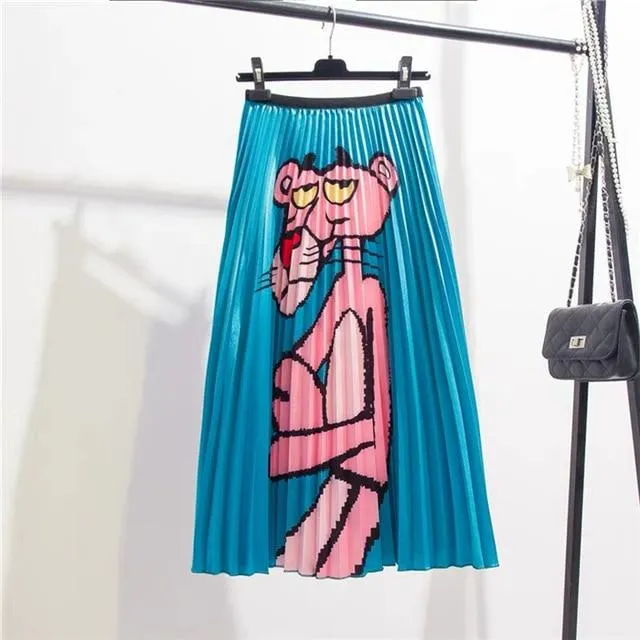 Cartoon Pleated Summer Skirts Womens 2020 New Fashion Print High Waist Elastic Long Skirt for Women Faldas Mid-Calf High Street