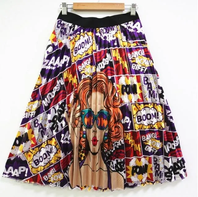 Cartoon Pleated Summer Skirts Womens 2020 New Fashion Print High Waist Elastic Long Skirt for Women Faldas Mid-Calf High Street