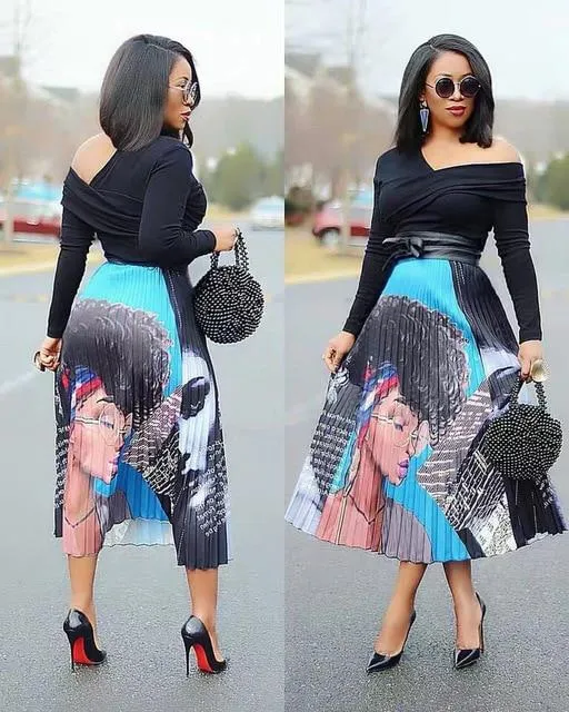 Cartoon Pleated Summer Skirts Womens 2020 New Fashion Print High Waist Elastic Long Skirt for Women Faldas Mid-Calf High Street