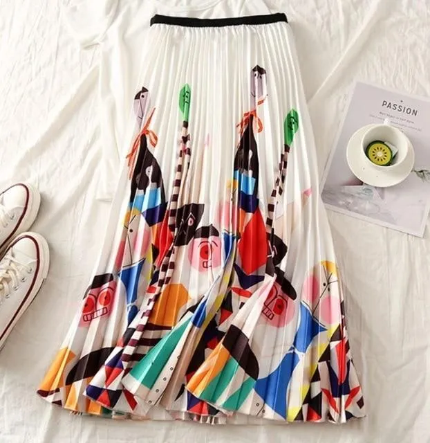 Cartoon Pleated Summer Skirts Womens 2020 New Fashion Print High Waist Elastic Long Skirt for Women Faldas Mid-Calf High Street