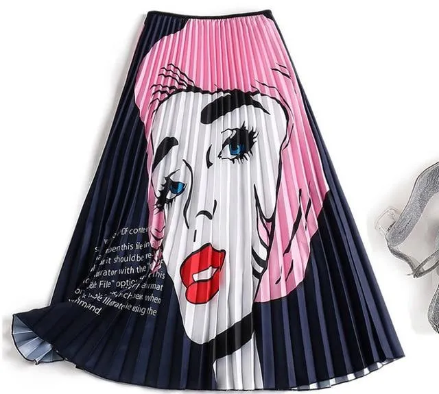 Cartoon Pleated Summer Skirts Womens 2020 New Fashion Print High Waist Elastic Long Skirt for Women Faldas Mid-Calf High Street