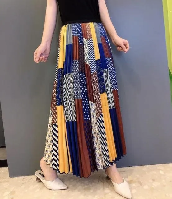 Cartoon Pleated Summer Skirts Womens 2020 New Fashion Print High Waist Elastic Long Skirt for Women Faldas Mid-Calf High Street