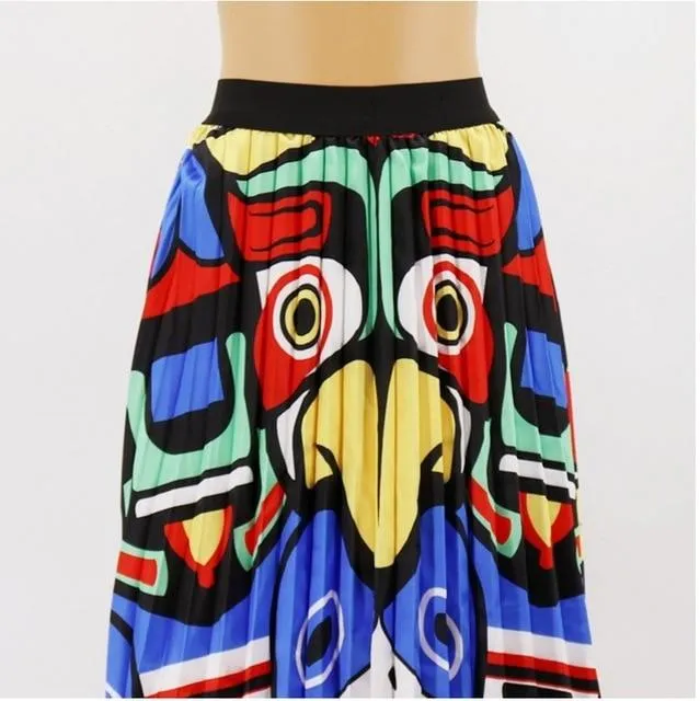 Cartoon Pleated Summer Skirts Womens 2020 New Fashion Print High Waist Elastic Long Skirt for Women Faldas Mid-Calf High Street