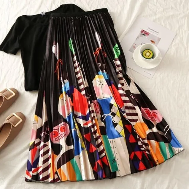 Cartoon Pleated Summer Skirts Womens 2020 New Fashion Print High Waist Elastic Long Skirt for Women Faldas Mid-Calf High Street