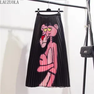 Cartoon Pleated Summer Skirts Womens 2020 New Fashion Print High Waist Elastic Long Skirt for Women Faldas Mid-Calf High Street