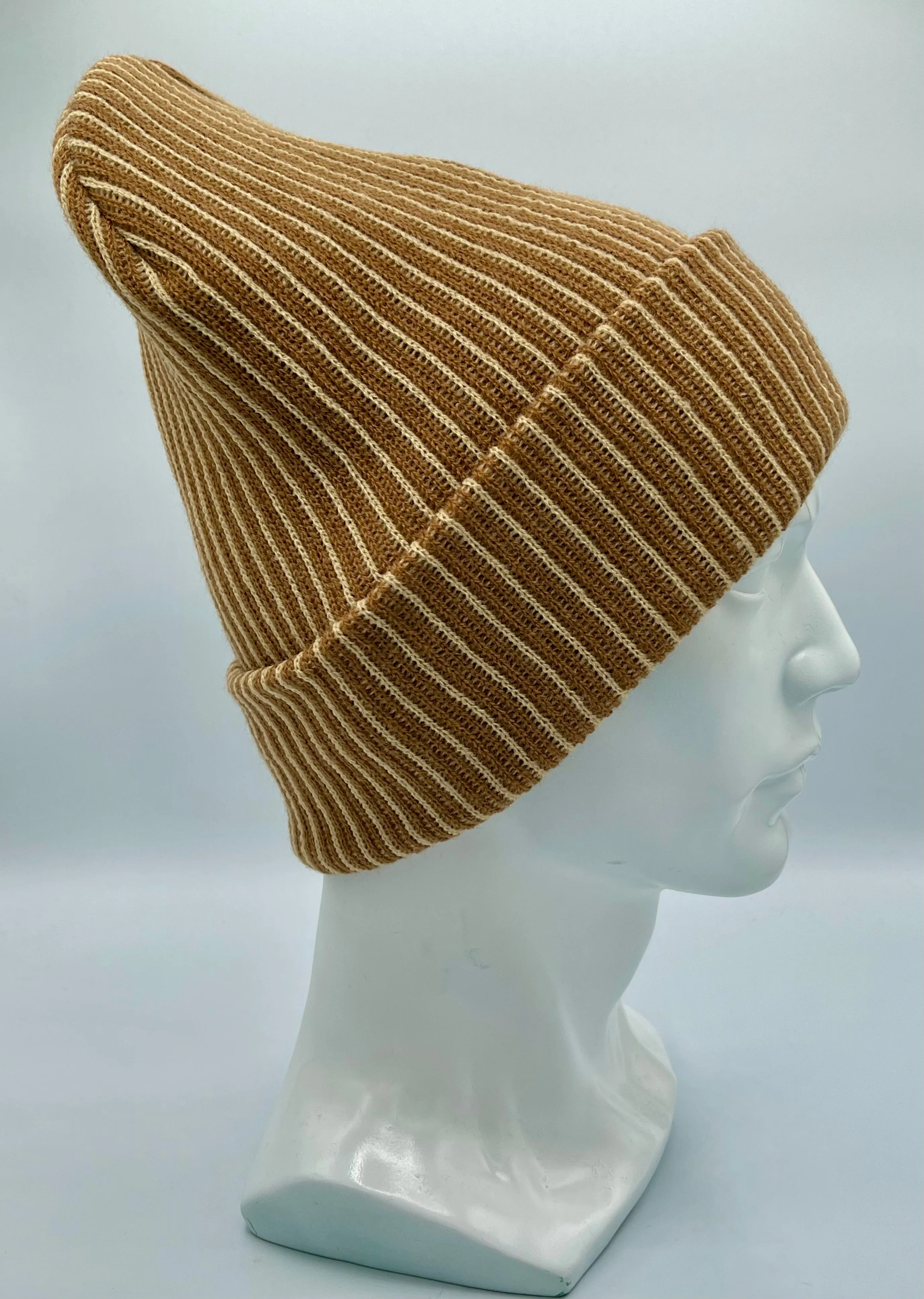 CTD505 HAAKWEAR Cuffed Wide Ribbed Striped Beanie / Hat, Limited Edition, Beige/Brown, Made in USA