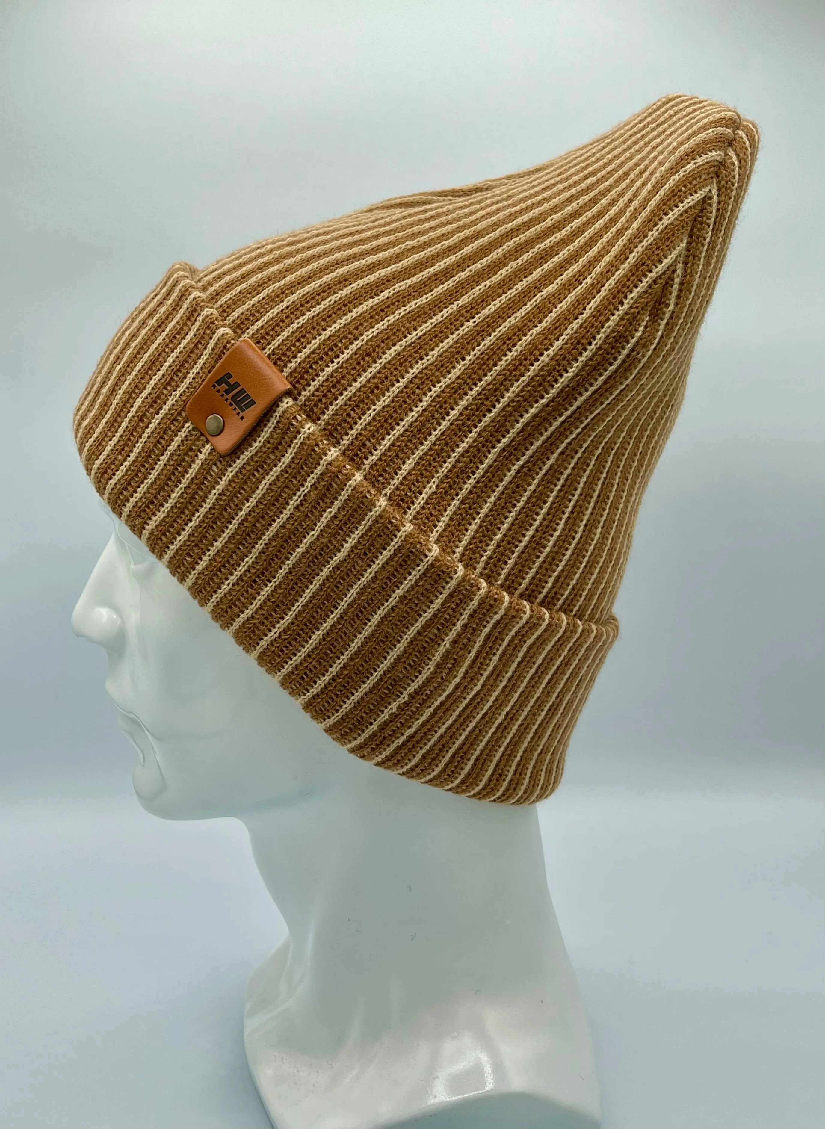 CTD505 HAAKWEAR Cuffed Wide Ribbed Striped Beanie / Hat, Limited Edition, Beige/Brown, Made in USA