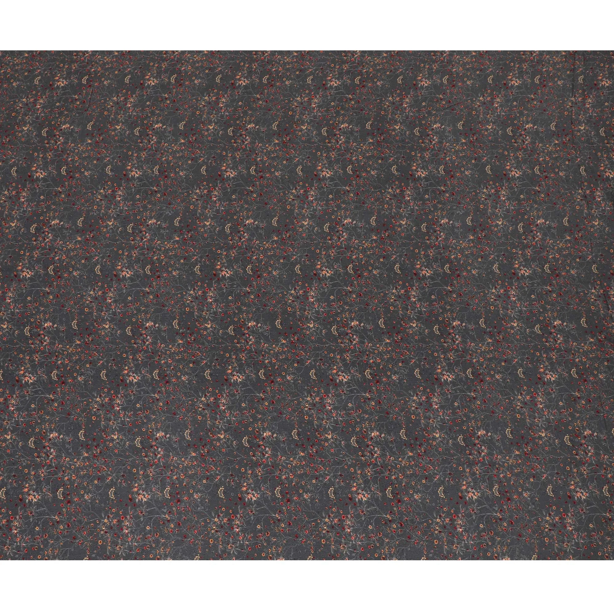 Dark Charcoal Synthetic Crepe Fabric with Red and Gold Floral Motifs, 110 cm Wide-D19138