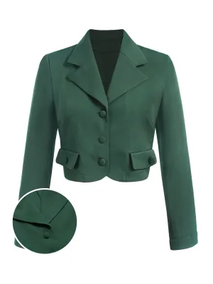 Dark Green 1940s Lapel Button Cropped Blazer