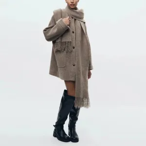 Effortless Chic Oversized Wool-Blend Coat with Wrap Scarf