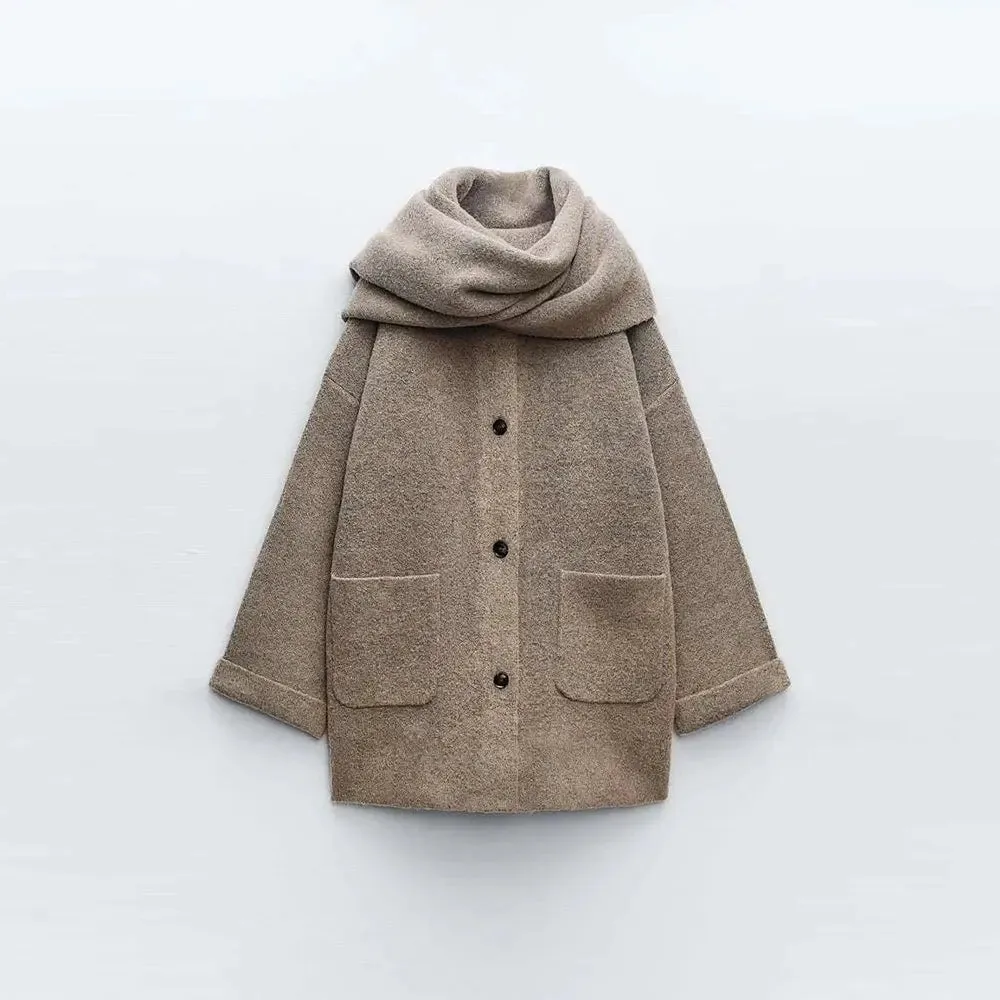 Effortless Chic Oversized Wool-Blend Coat with Wrap Scarf