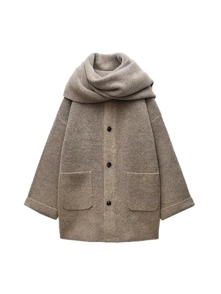 Effortless Chic Oversized Wool-Blend Coat with Wrap Scarf