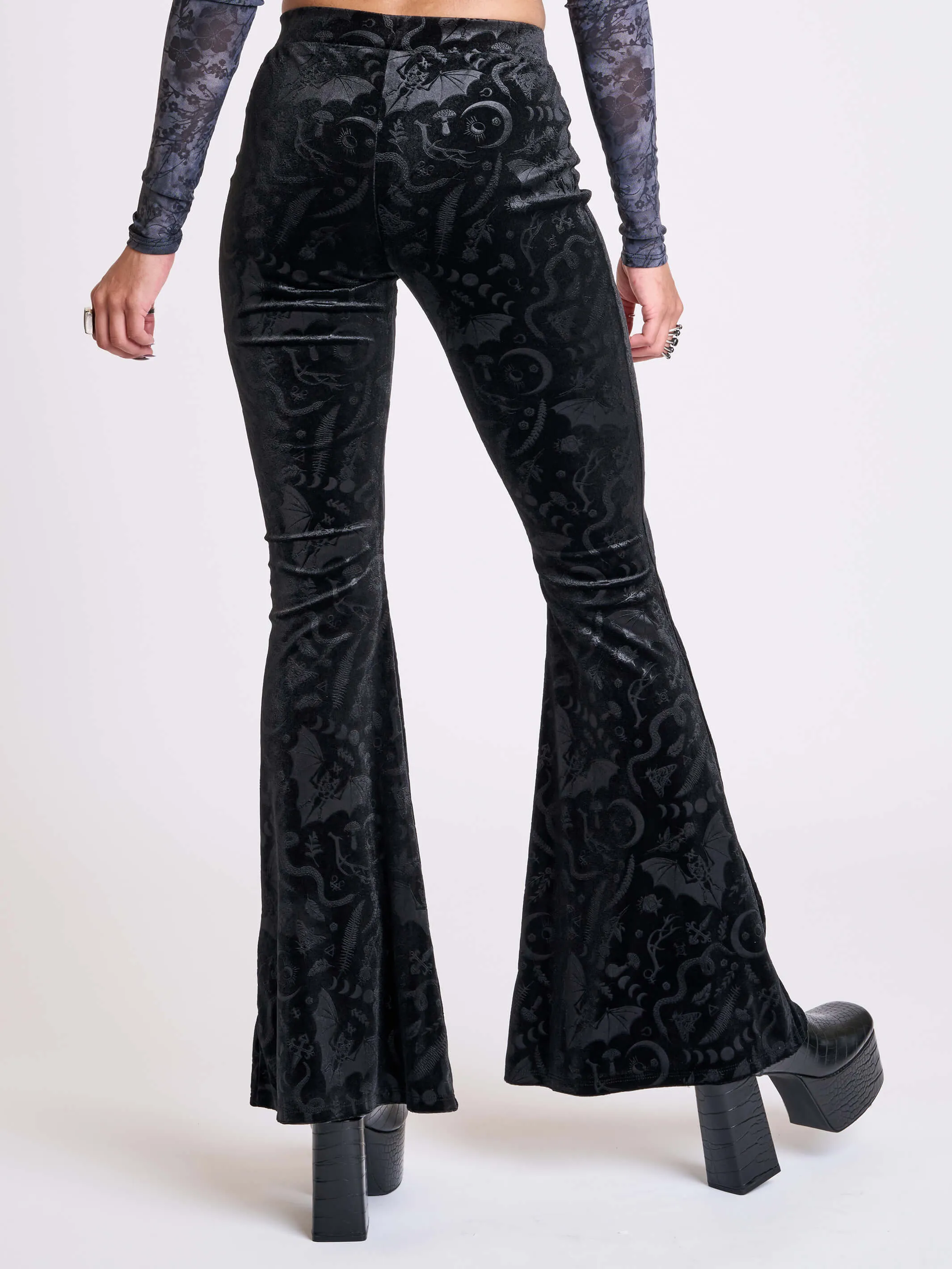 Embossed Black Velvet Flared Legging