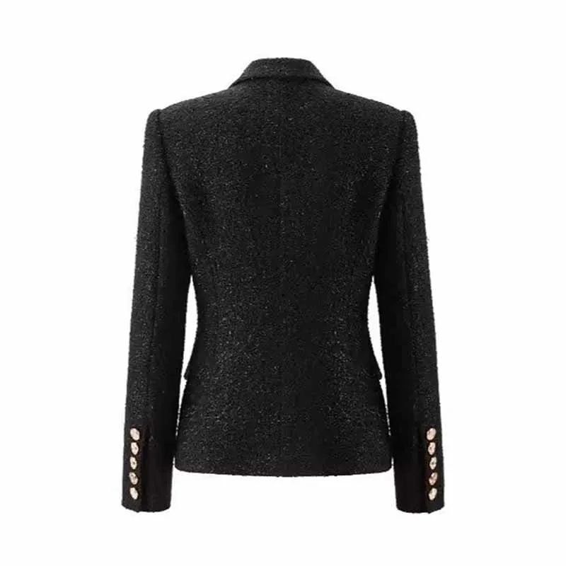 Geometric Pattern V Neck Black Blazer Double Breasted Jacket Formal Work Style Coat