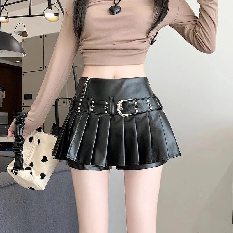 Girlary Women's Black Gothic A-line Pleated Leather Skirt Y2k Mini Shorts Skirts Harajuku Korean Emo Skirt 2000s Vintage Clothes Summer