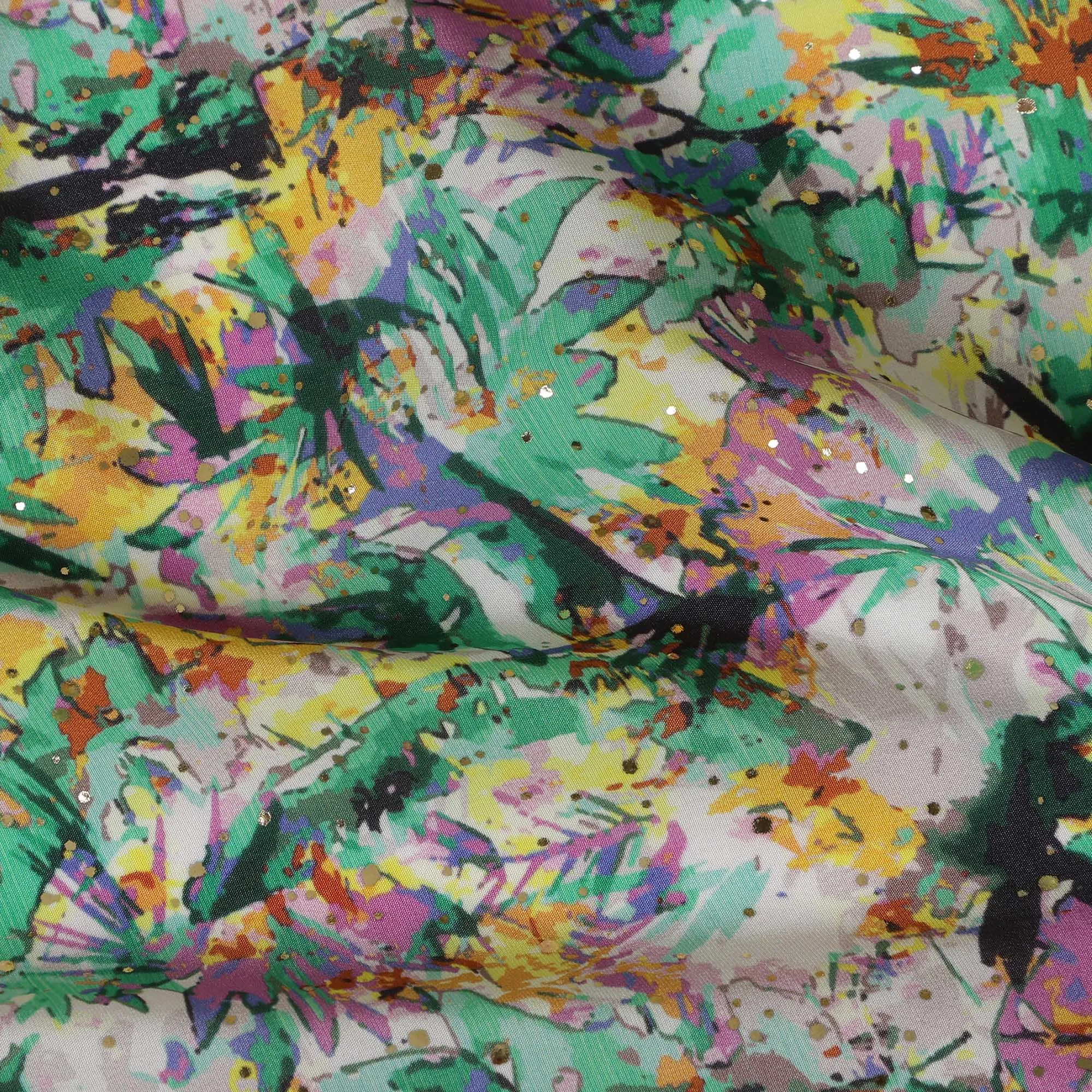 Green Indian Viscose Crepe Fabric with Foil, Abstract Multicolor Print, 110 cm Width-D20929