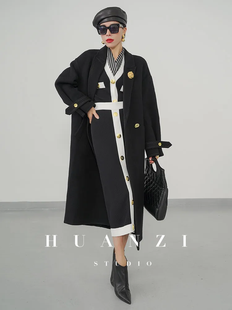 Huanzi tailoring couture minimalist double-sided cashmere wool tweed mid-length coat - Gaue