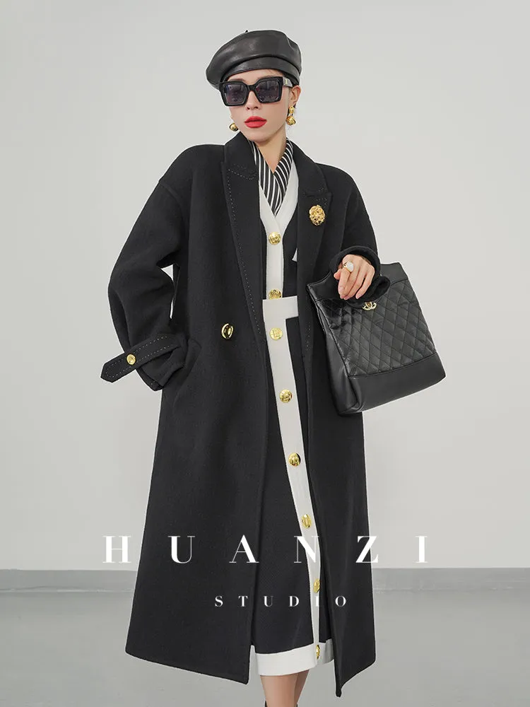 Huanzi tailoring couture minimalist double-sided cashmere wool tweed mid-length coat - Gaue