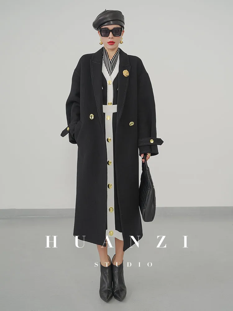 Huanzi tailoring couture minimalist double-sided cashmere wool tweed mid-length coat - Gaue