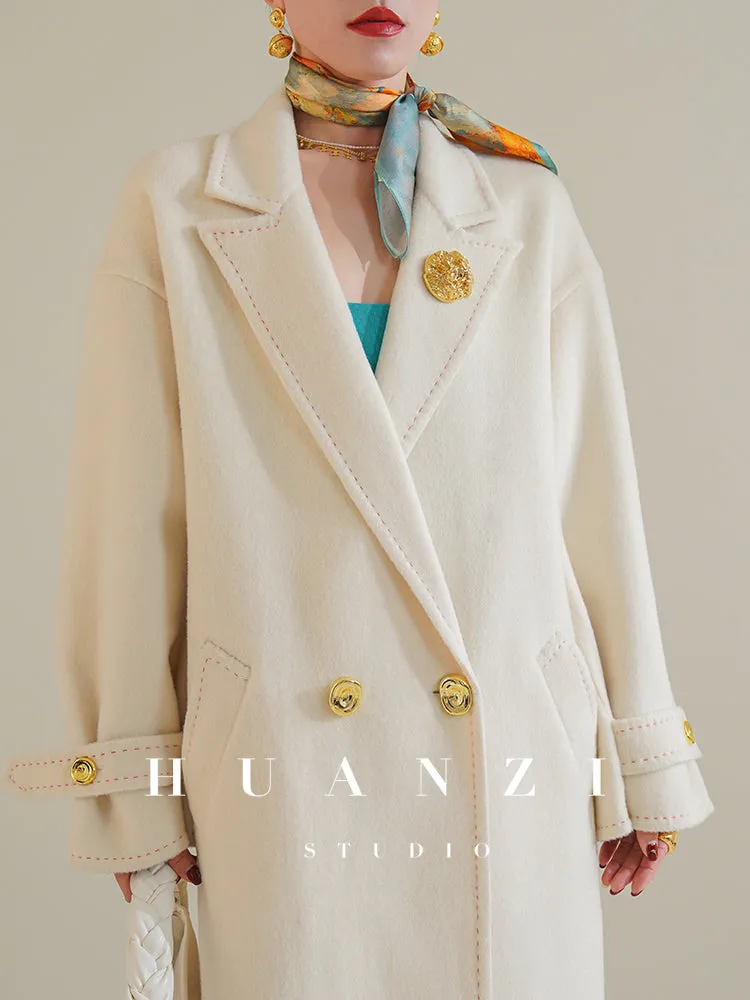 Huanzi tailoring couture minimalist double-sided cashmere wool tweed mid-length coat - Gaue