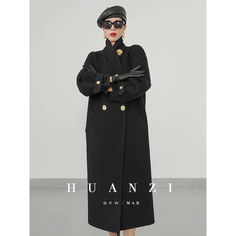 Huanzi tailoring couture minimalist double-sided cashmere wool tweed mid-length coat - Gaue