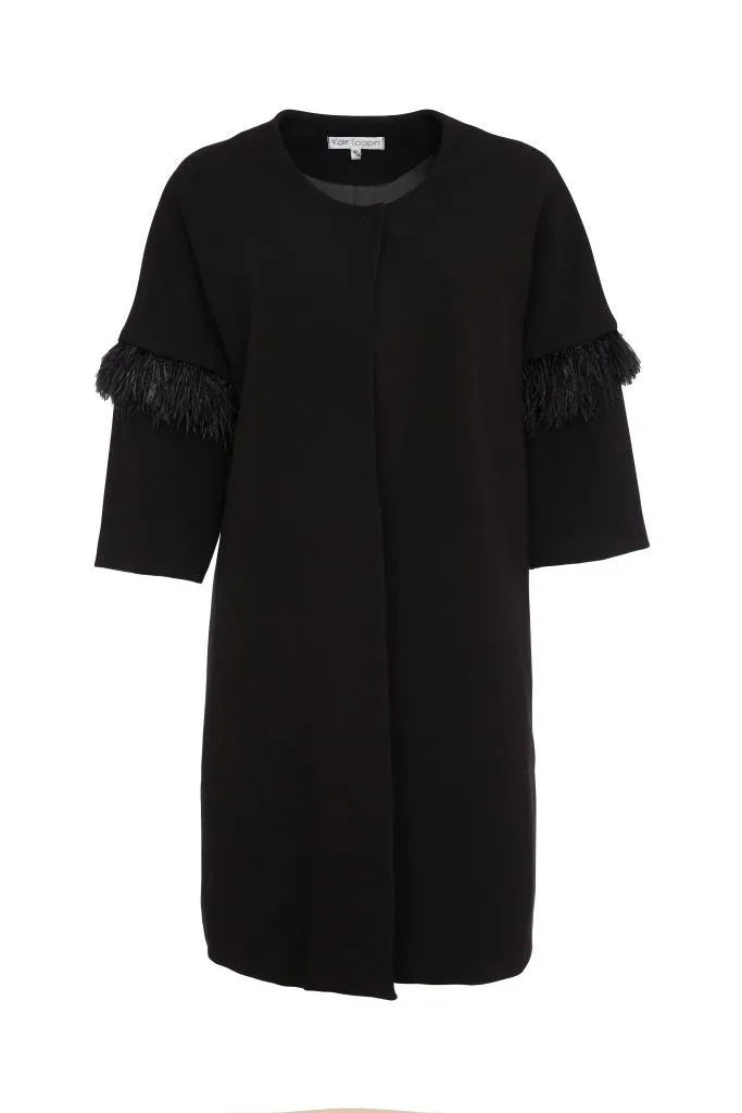 Kate Cooper Black Dress Coat with feather trim 3/4 sleeve Kcaw24164