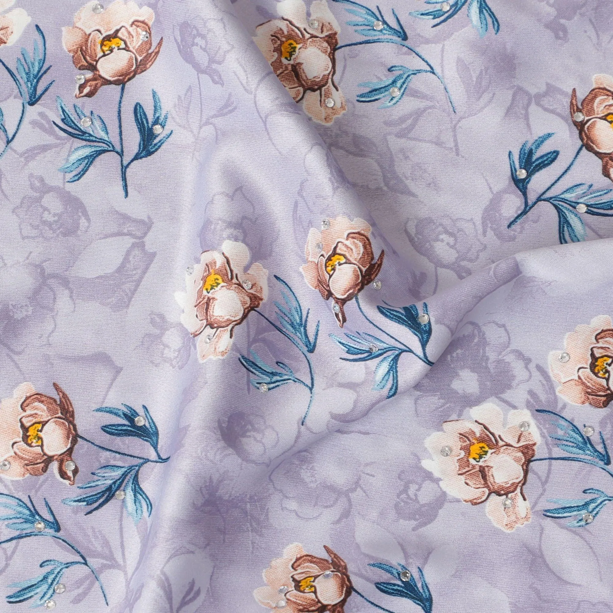 Light lavender synthetic crepe fabric with multicolor print having stone work in floral design-D15308