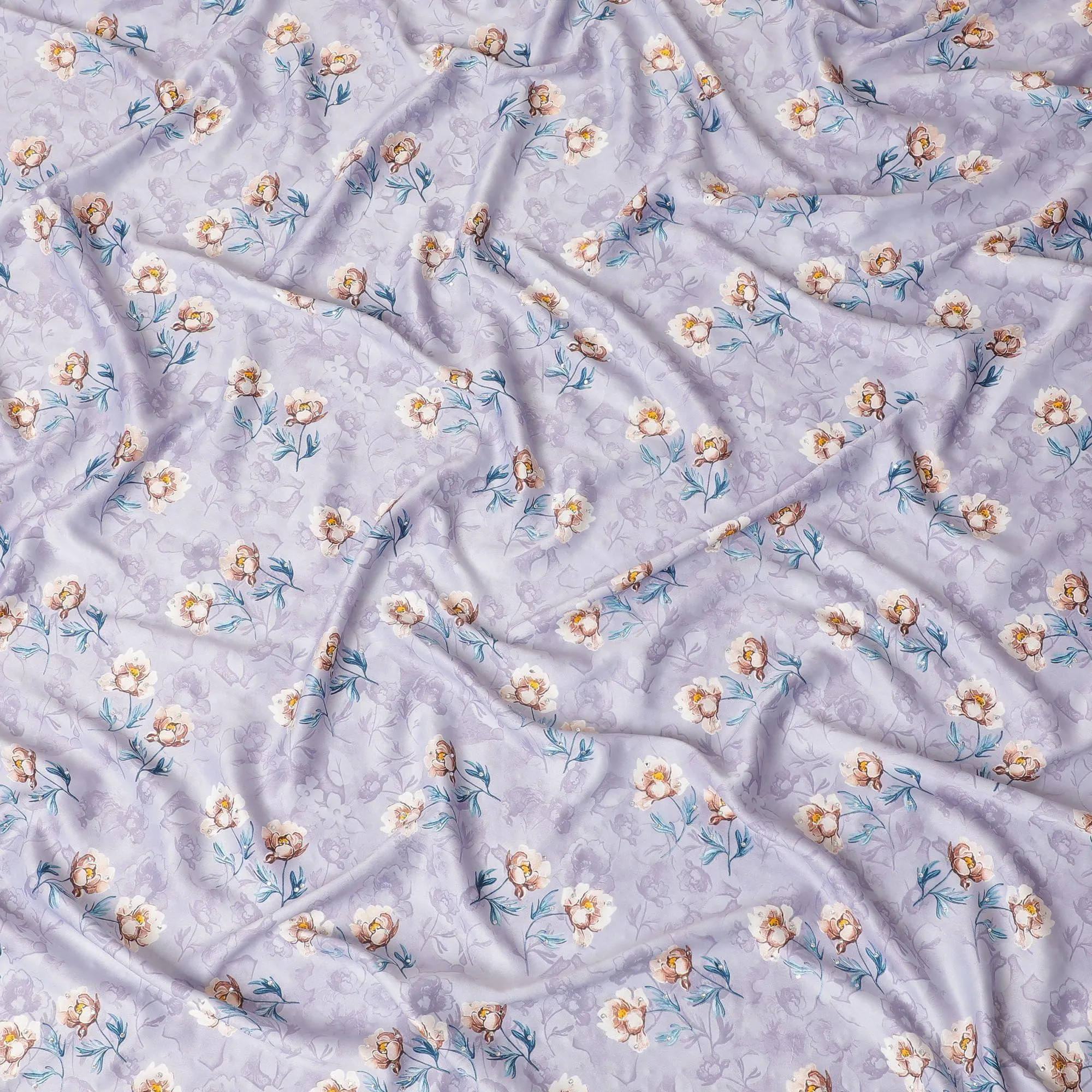 Light lavender synthetic crepe fabric with multicolor print having stone work in floral design-D15308