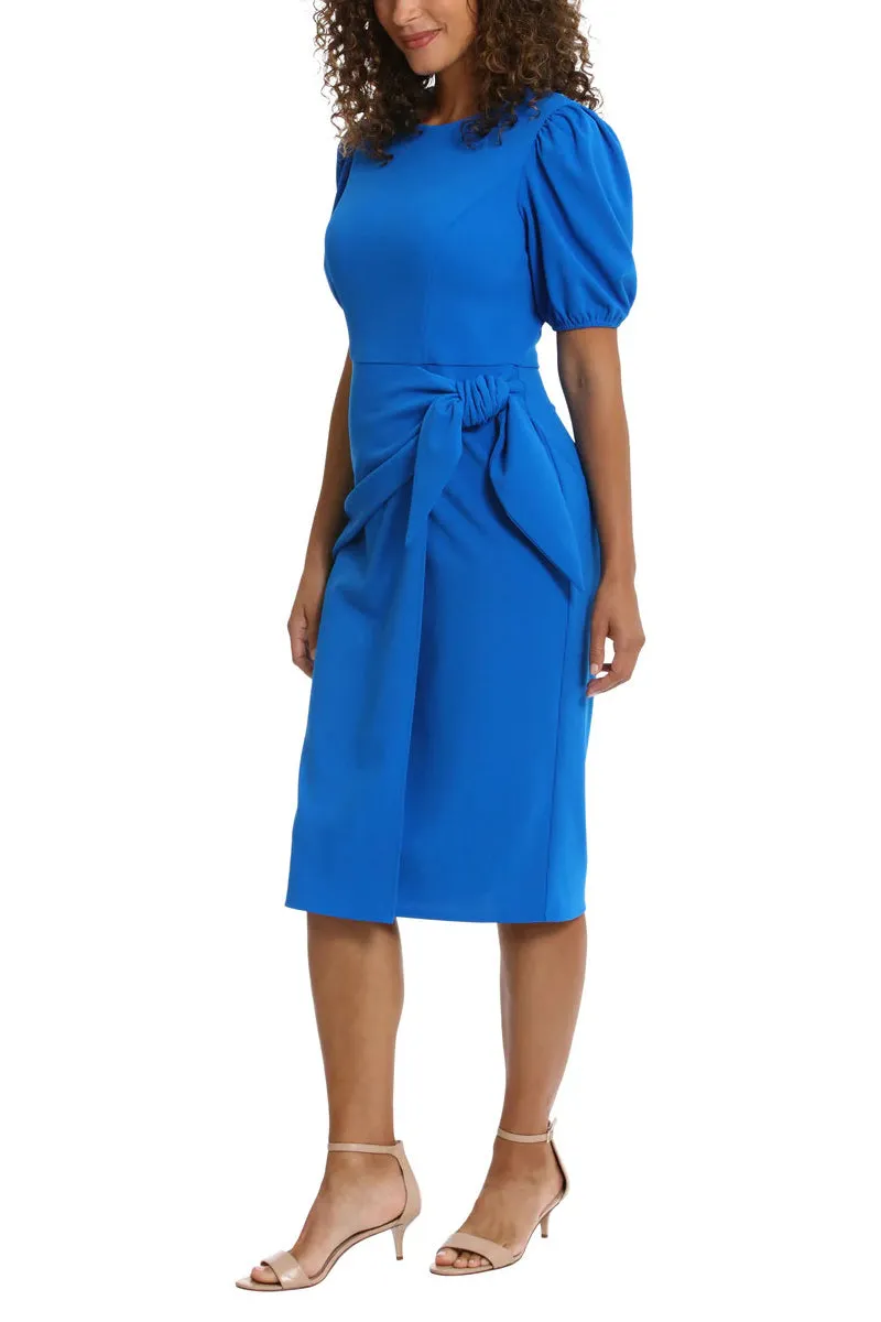 London Times Puff Sleeve Crew Neck Midi Sarong Wrap Dress