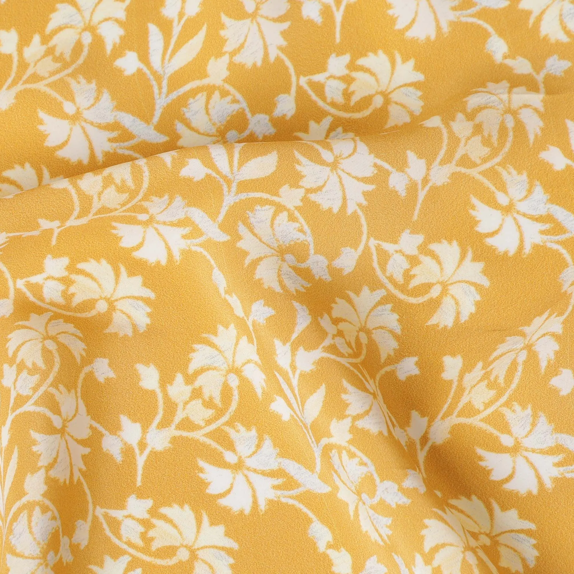 Marigold Bliss Viscose Crepe Fabric - White Floral Print on Sunny Yellow, 110cm Width (India)  - D17641