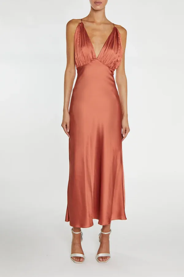 Marilyn Dusty-Coral Satin Pleated Halterneck Midaxi Dress