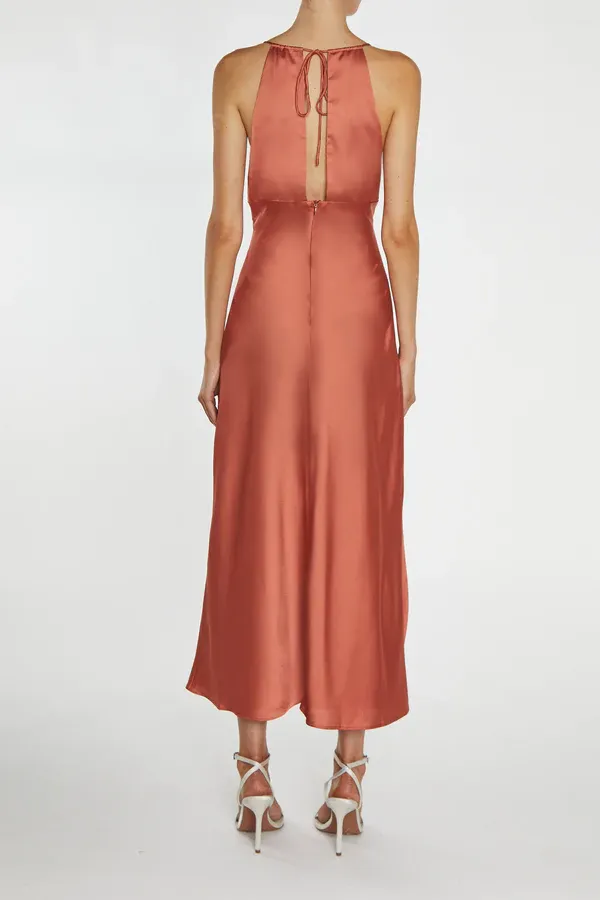 Marilyn Dusty-Coral Satin Pleated Halterneck Midaxi Dress