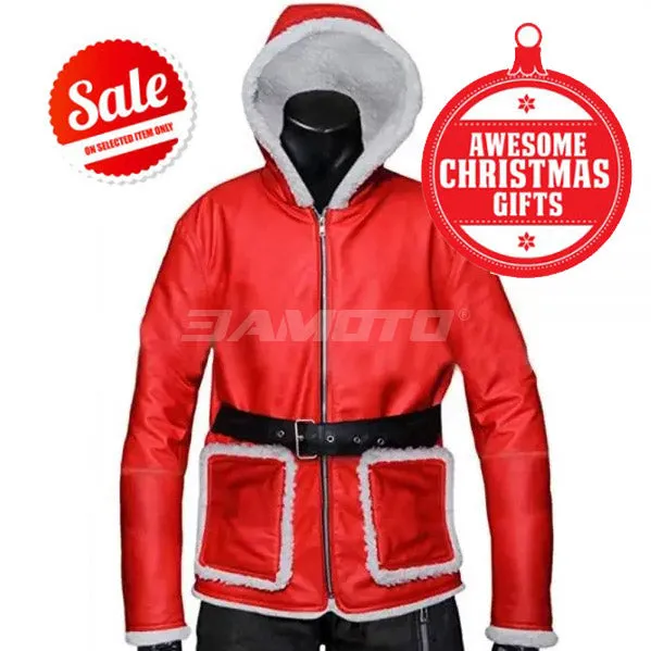 Men's Santa Claus Winter Christmas Hooded Fur Lined Red Leather Coat