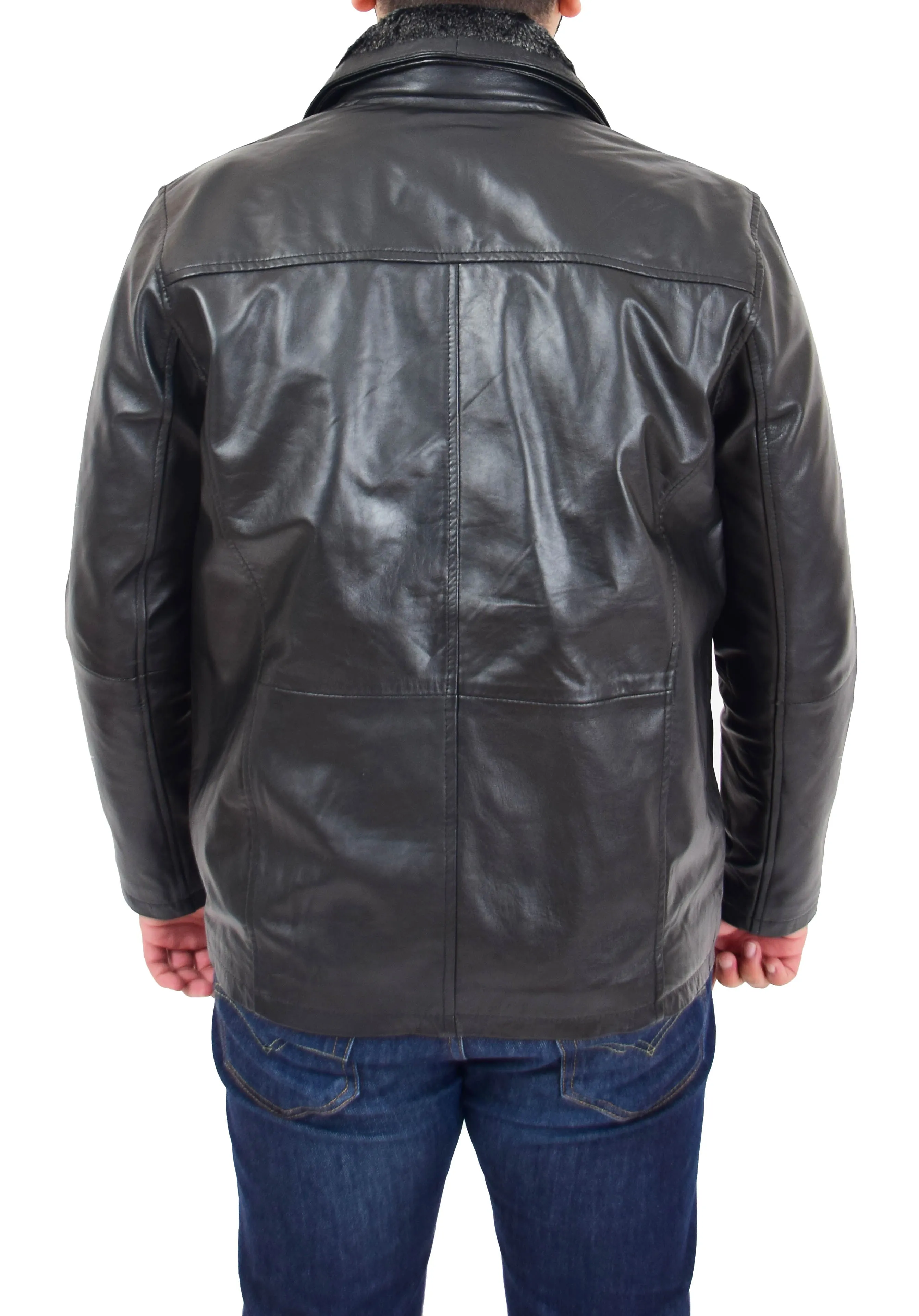 Mens Soft Black Nappa Leather Jacket Zip Box Detachable Front Collar Regular Fit Derek