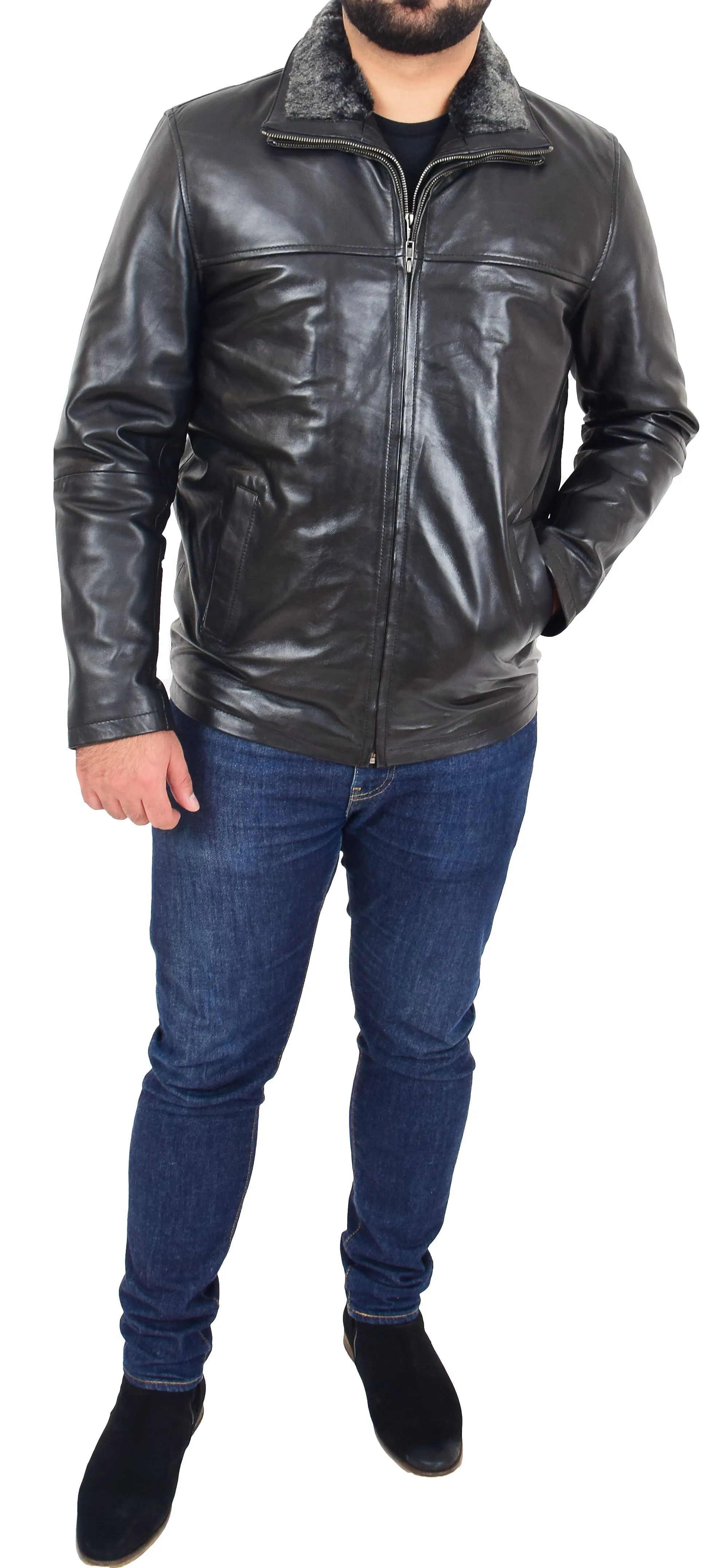 Mens Soft Black Nappa Leather Jacket Zip Box Detachable Front Collar Regular Fit Derek