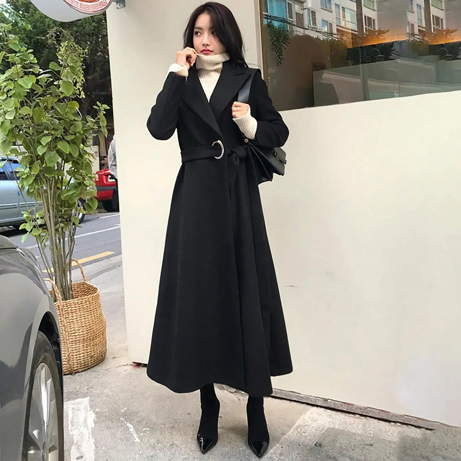 Metal Loop Belt Fit & Flare Wool Blend Coat