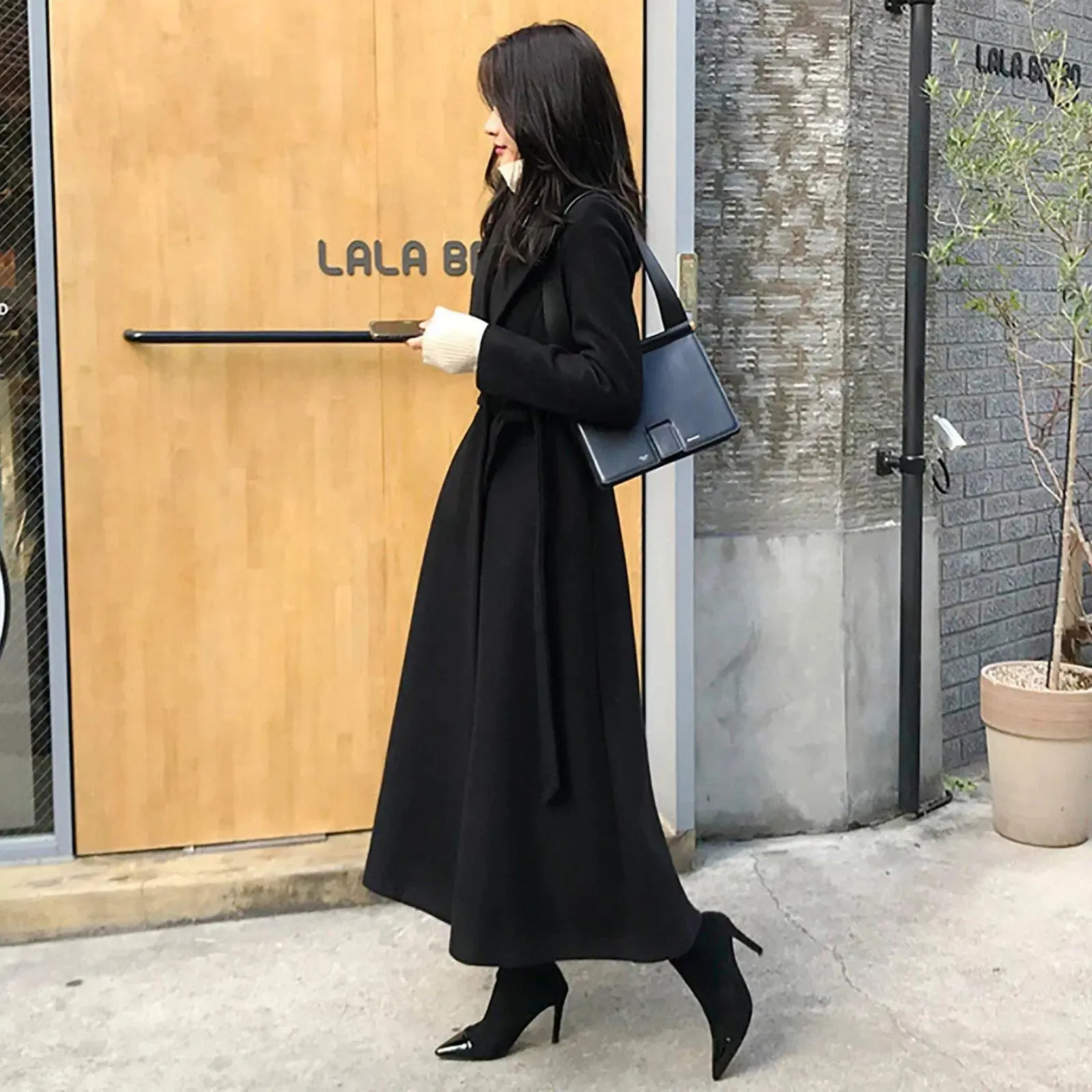 Metal Loop Belt Fit & Flare Wool Blend Coat